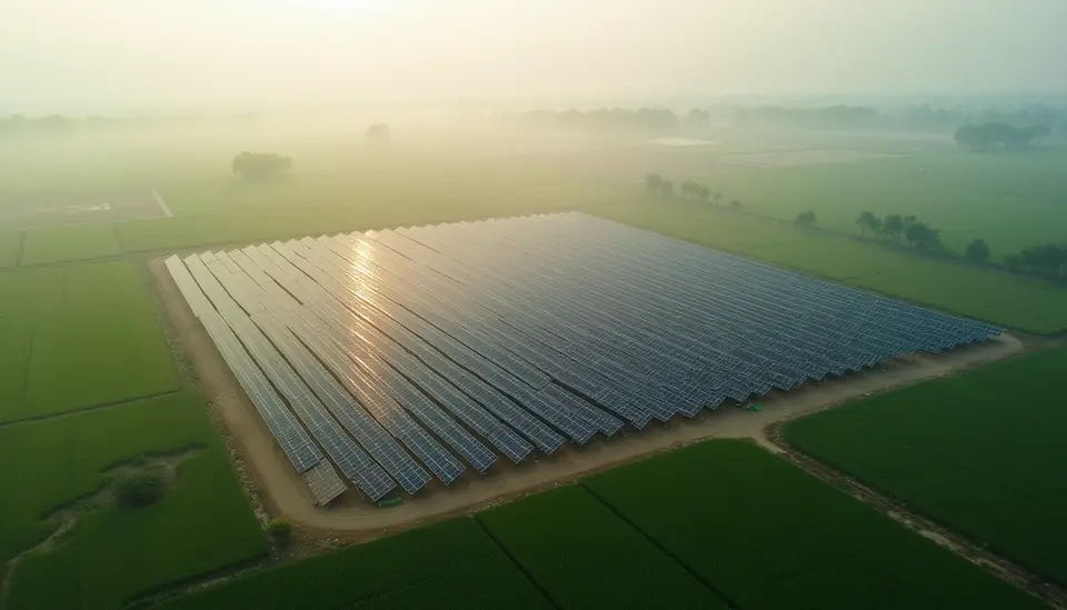 Aerial view of a solar farm among green fields
