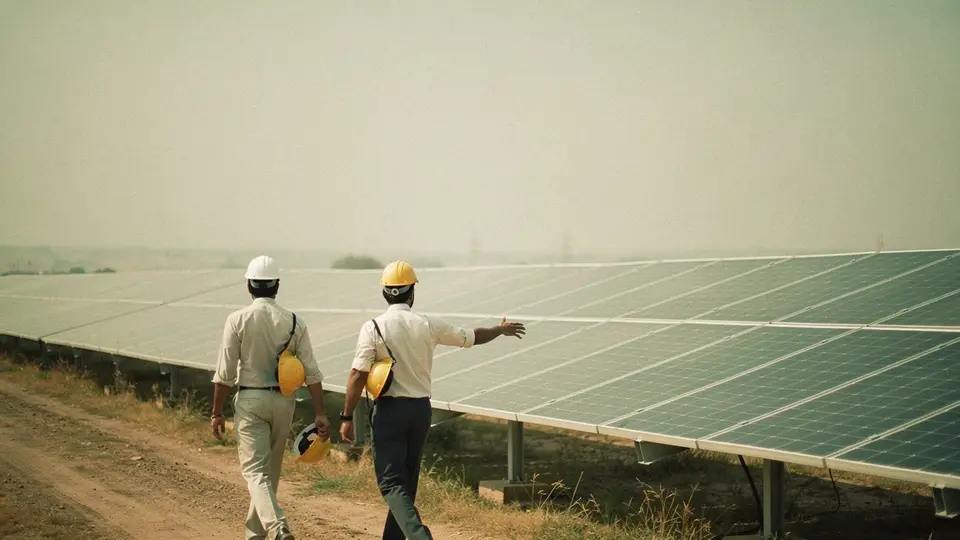 Two people walking along a row of solar panels, one pointing