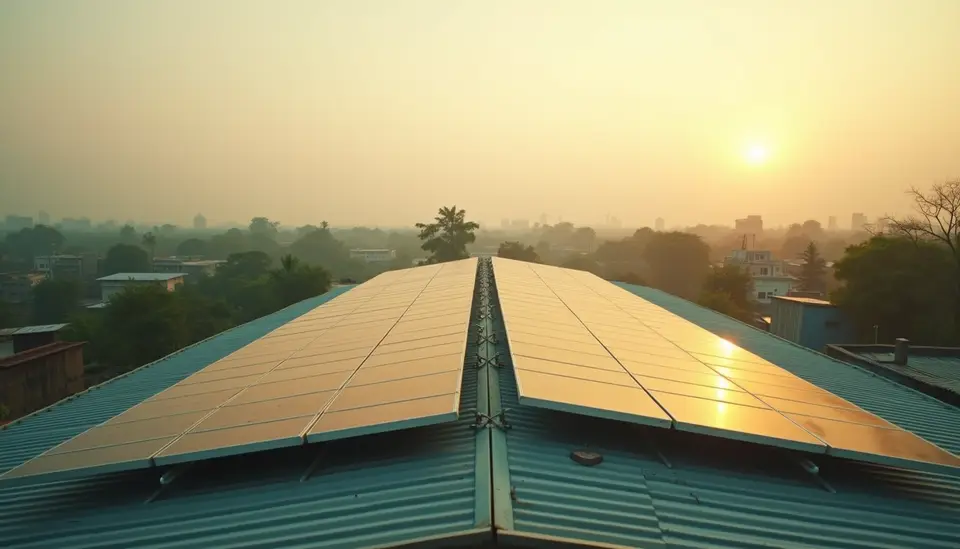Rooftop solar panels on an industrial shed at sunrise