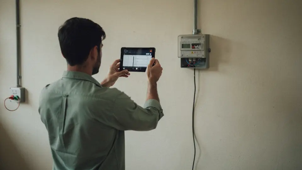 Auditor photographing an electricity meter with a tablet