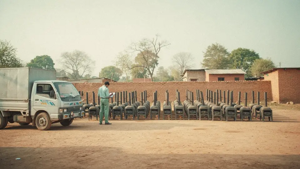 Clean cookstoves unloaded from a truck in a village courtyard