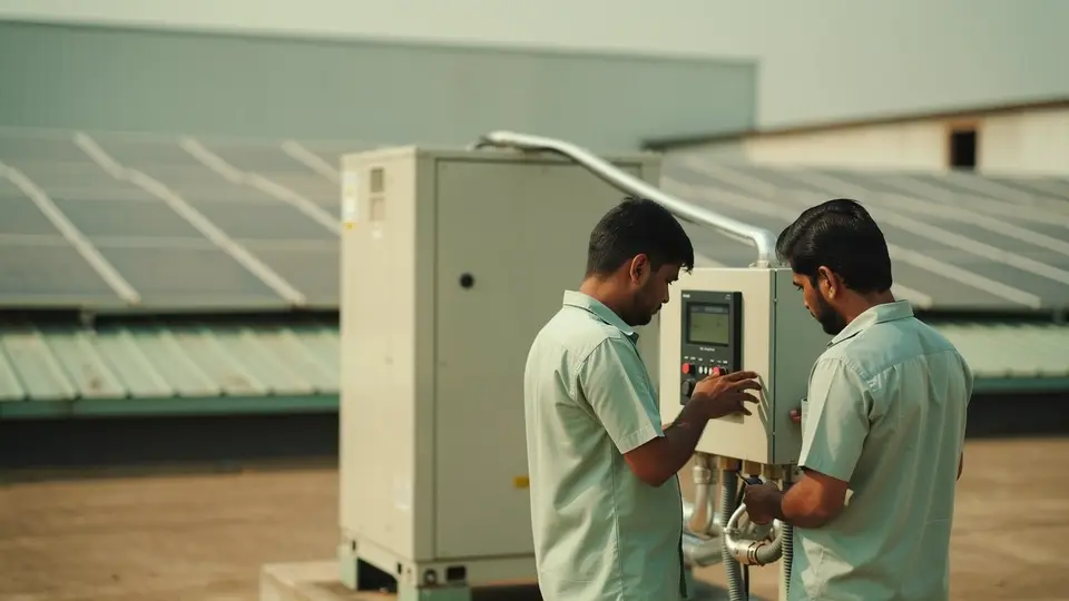 Two technicians commissioning a heat pump and battery unit on a factory roof