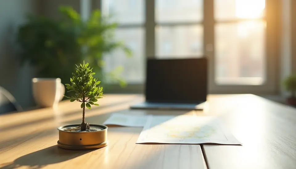 Small tree sapling on a meeting table in morning light