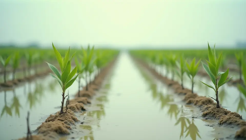 Rows of young mangrove saplings in coastal mudflats